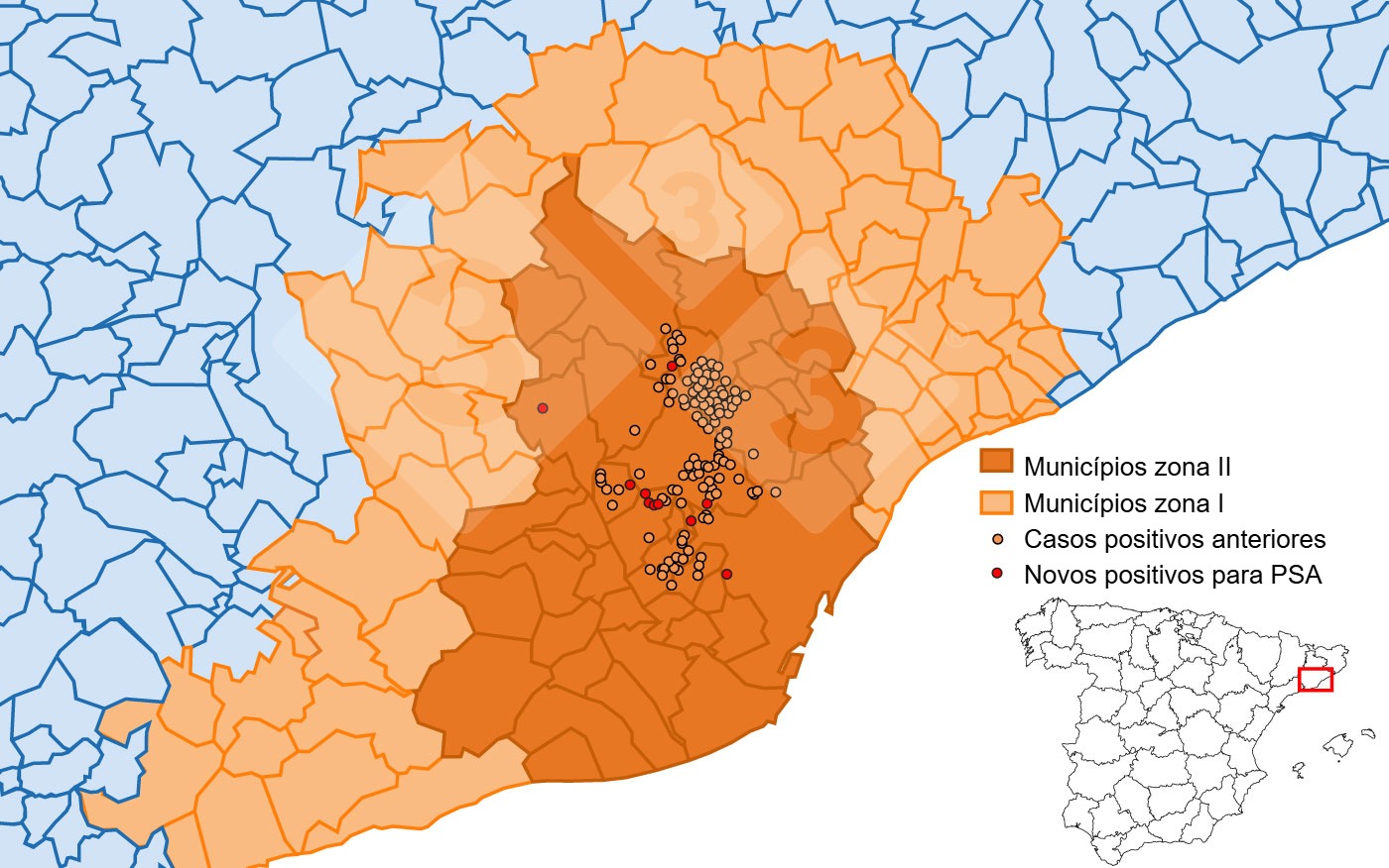 Localización detallada de los casos de jabalíes silvestres detectados en la zona restringida II. Fuente: 333 a partir de datos del MAPA y SVO.