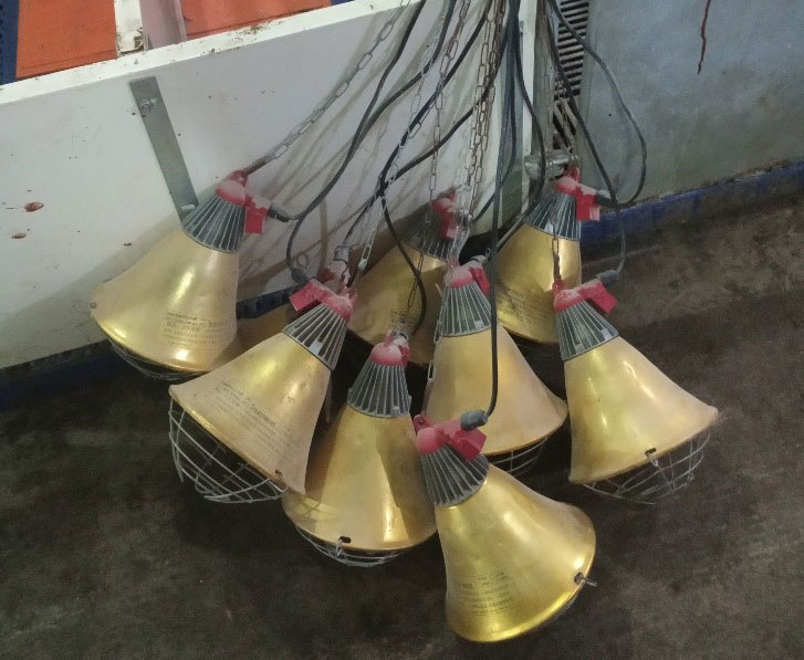 Foto 2: Candeeiros (suportes) para maternidade armazenados incorretamente entre utliza&ccedil;&otilde;es, o que aumenta o risco de danos nas l&acirc;mpadas&nbsp;infravermelhas e os cabos el&eacute;tricos (foto cortesia de DanAg International, China)
