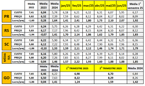 Tabela 6. Custos totais (ciclo completo), preço de venda e lucro/prejuízo estimados, mensais, nos três estados do Sul e semestral em Goiás (R$/kg suíno vivo vendido) de janeiro a junho de 2025 e a média anual de 2022, 2023 e 2024. Elaborado por Iuri P. Machado com dados: Embrapa (custos), Cepea (preço do suíno)